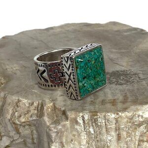 Retired Silpada Sterling Silver 925 Heavy Crushed Turquoise Stamped Ring Sz 7.5